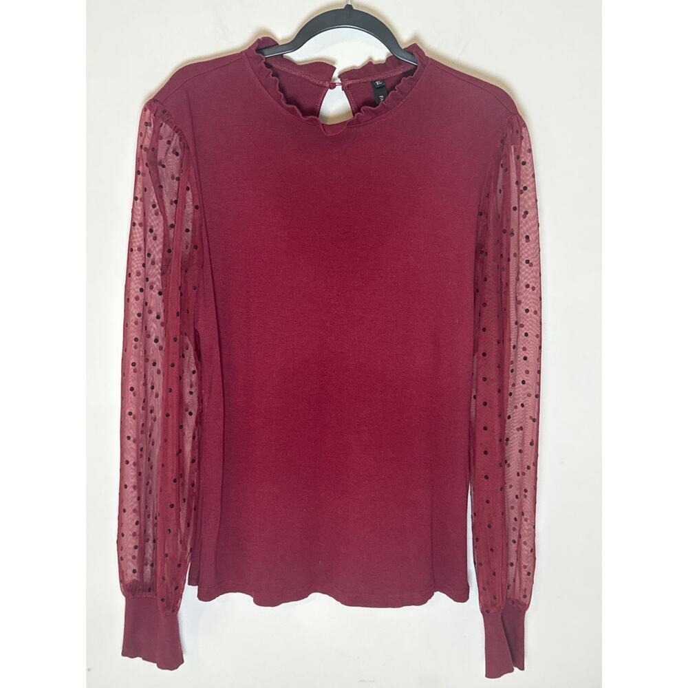 Burgandy Women's Sweater Size XL with sheer polka dot‎ Bishop Sleeves